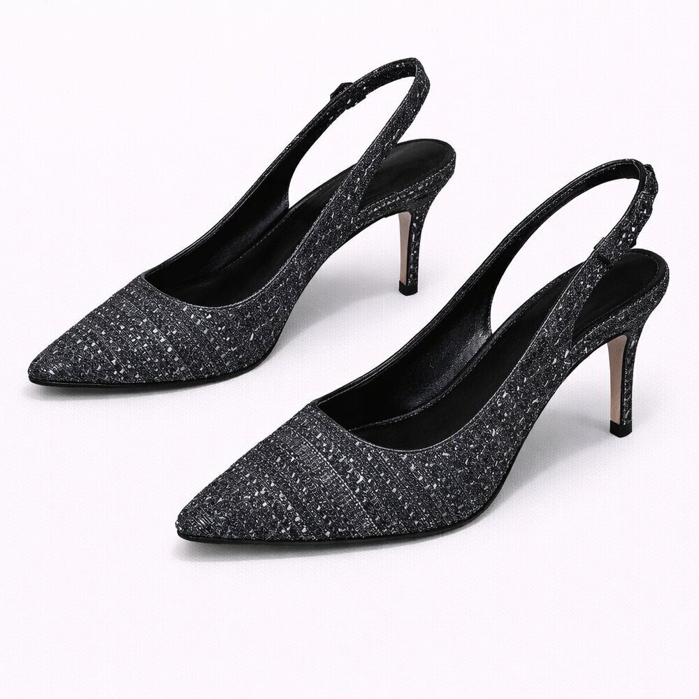 WHITE HOUSE BLACK MARKET (WHBM) Black Tweed Fabric Slingback Shoes Size 6M